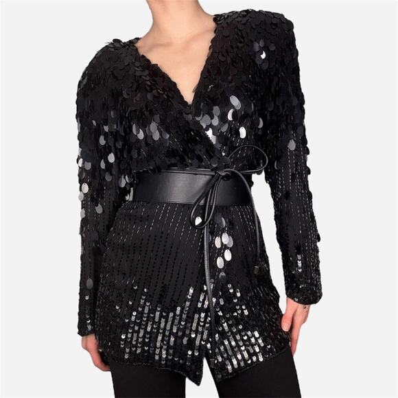 Silk black sequin blazer fringe 80s vintage - fits like modern small / medium - Picture 1 of 8